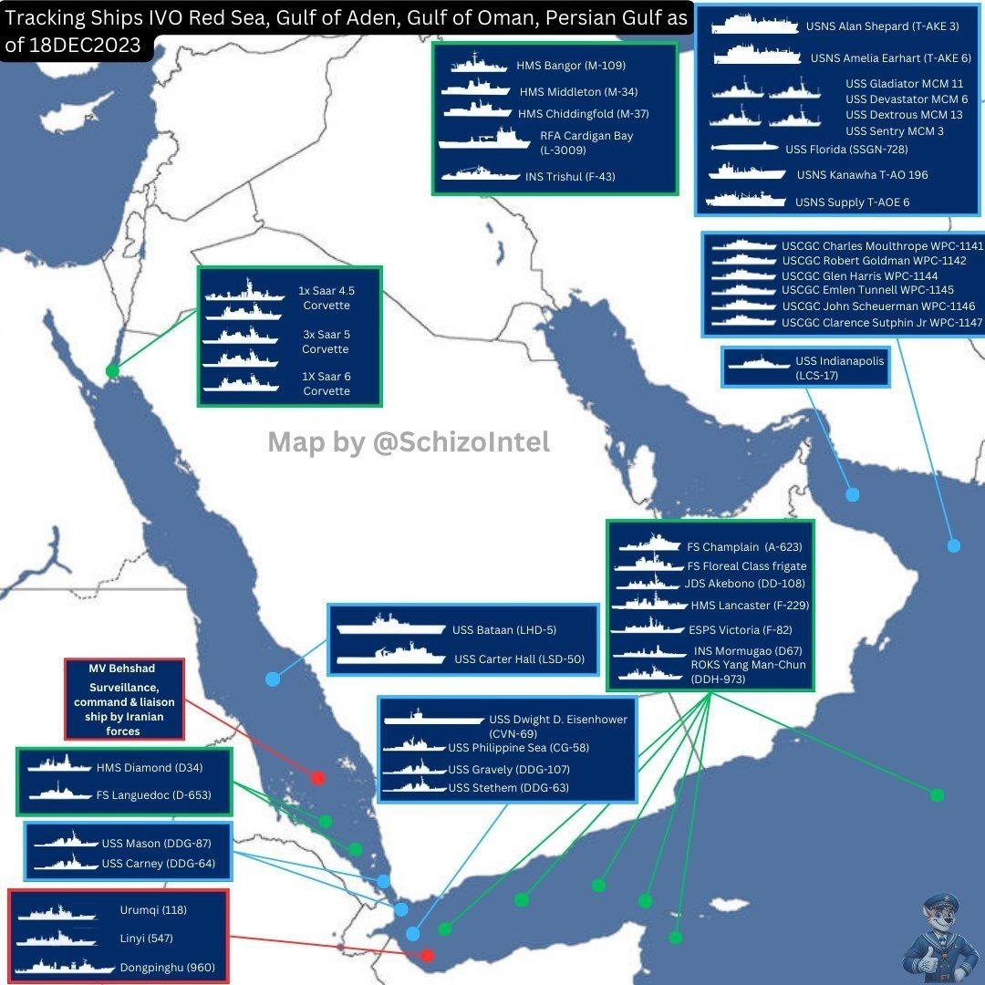 🚨 44 Warships in Red Sea for “Operation Prosperity Guardian” to protect Against Yemen Attacks Operation Prosperity Guardian in the Red Sea now has 44 vessels from over 10 countries, led by the US. This multilateral effort aims to protect vital shipping lanes from increasing