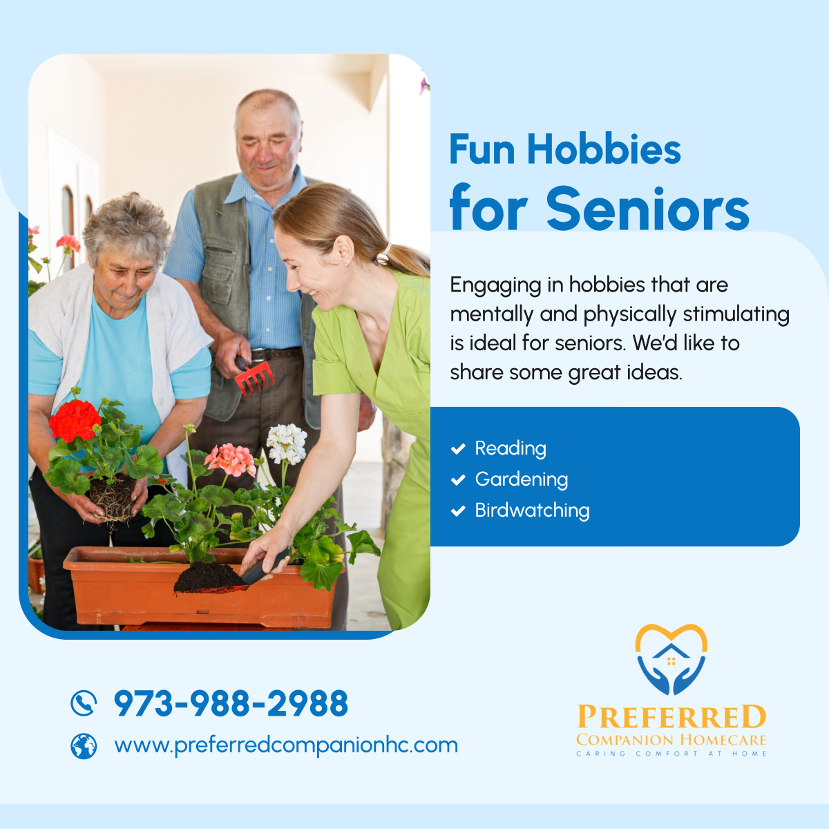 preferredcomphc's tweet image. Having a hobby isn’t only a perfect way for older adults to spend their pastime, but it also contributes to the prevention of health deterioration. This is why seniors should have stimulating hobbies.

#NewarkNJ #HomeCare #FunHobbies