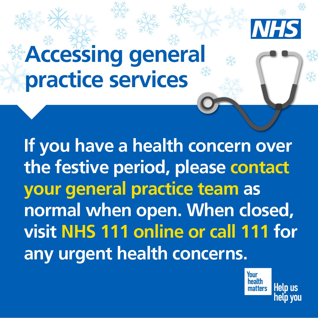 Some GP services will be available over Christmas and New Year. If you have a health concern, contact your GP practice or use NHS 111 online or call 111 for urgent medical help. ➡️ 111.nhs.uk