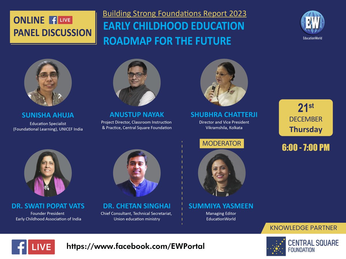 EWPortal's tweet photo. Join us for the invigorating online panel discussion on 'Early Childhood Education: Roadmap for the future' presented by EducationWorld with Central Square Foundation as knowledge partner on Thursday December 21, 2023 at 6.00 pm IST on our Facebook page https://t.co/tpNzh3tCtT https://t.co/nAmB24eGpZ