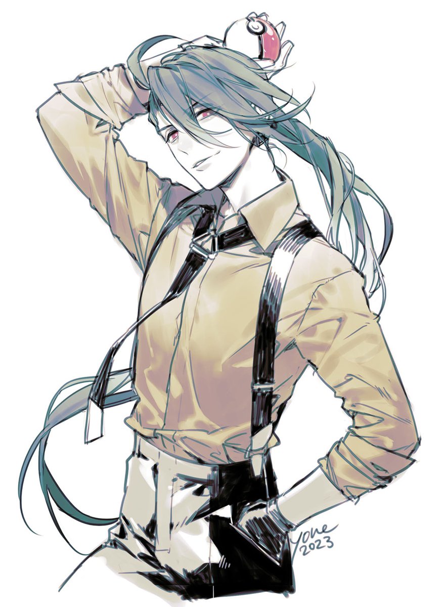 rika (pokemon) 1girl solo long hair shirt suspenders poke ball necktie  illustration images
