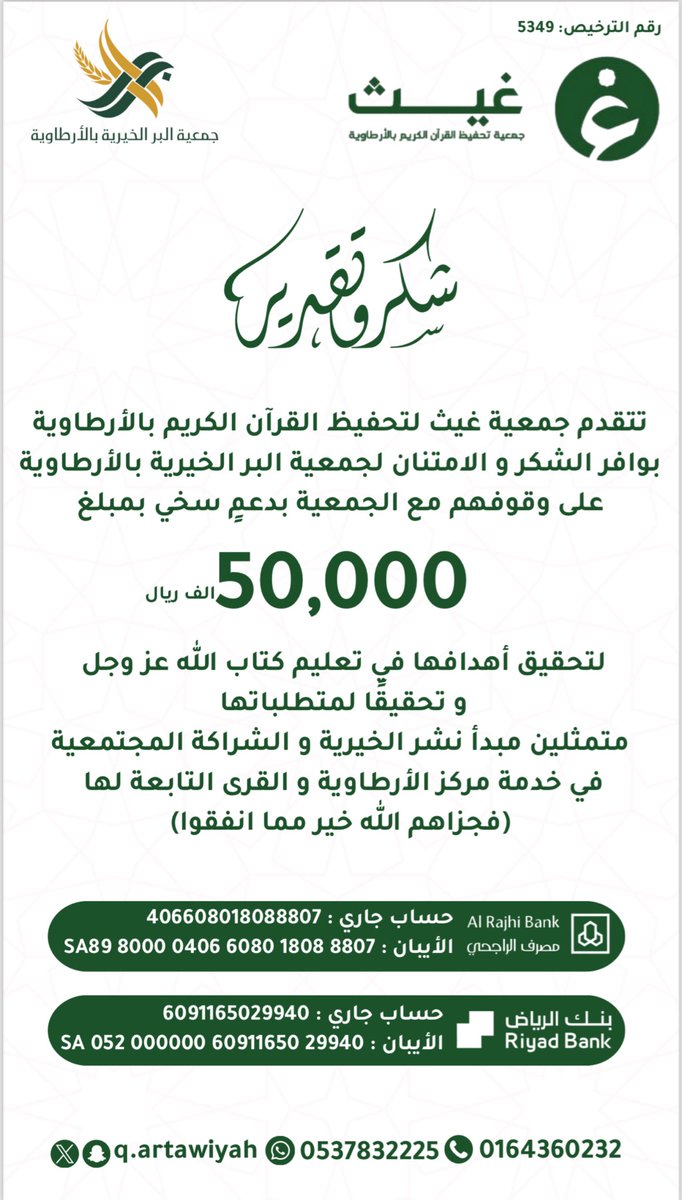 qartawiyah's tweet photo. تتقدم جمعية غيث لتحفيظ القرآن الكريم بالأرطاوية بالشكر لجمعية البر الخيرية بالأرطاوية 
لِدعمهم السخي بمبلغ ٥٠ الف ريال
 لتحقيق أهدافها في تعليم كتاب الله عز وجل وتحقيقًا لمتطلباتها
متمثلين مبدأ نشر الخيرية و الشراكة المجتمعية في خدمة مركز الأرطاوية و القرى التابعة @artawia_ber https://t.co/GstMoiK9Dp
