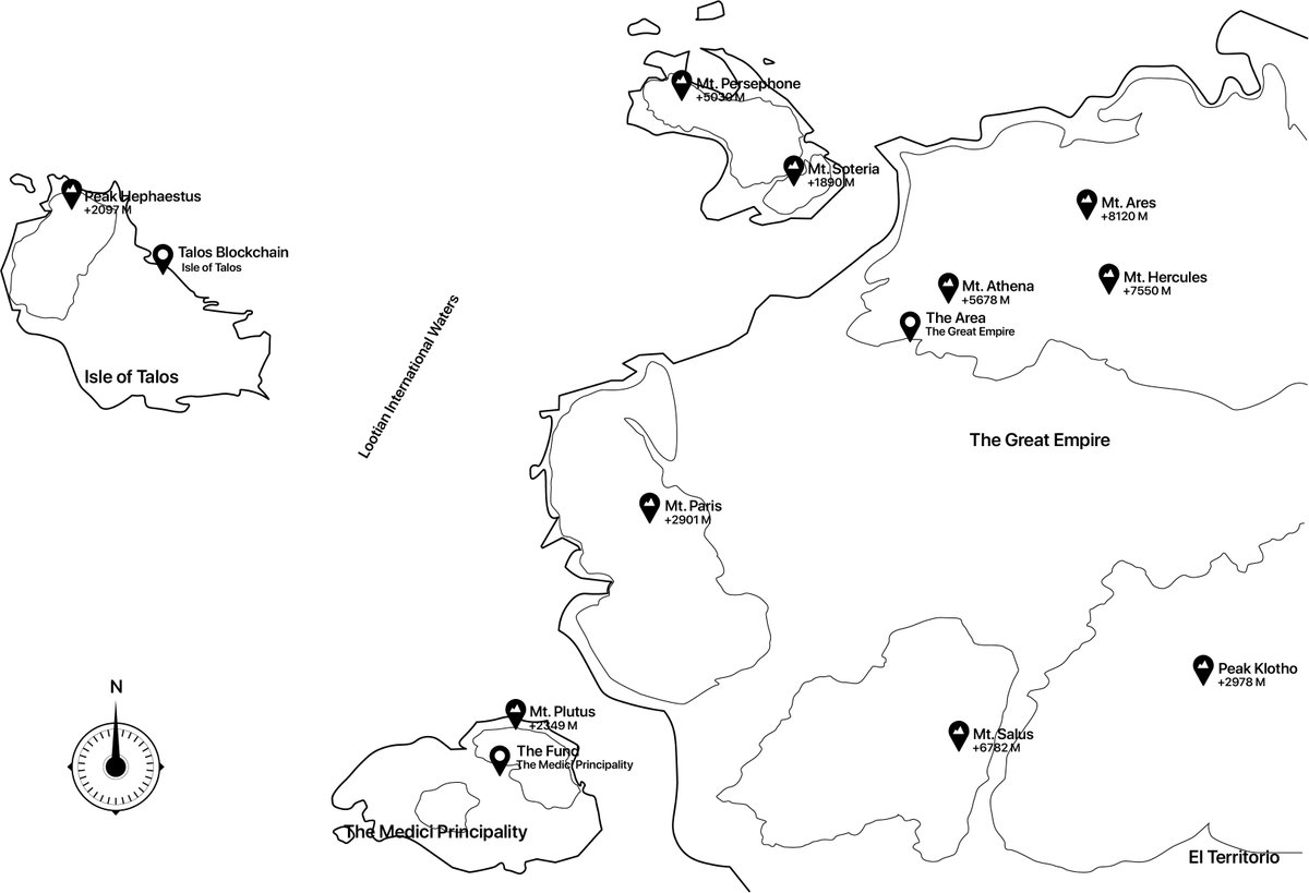 thelootverse's tweet image. An outlined map of Arcadia, illustrating all the famous mountains and realms in the parallel world. #ParallelWorldExploration #2DMap #DiscoverArcadia