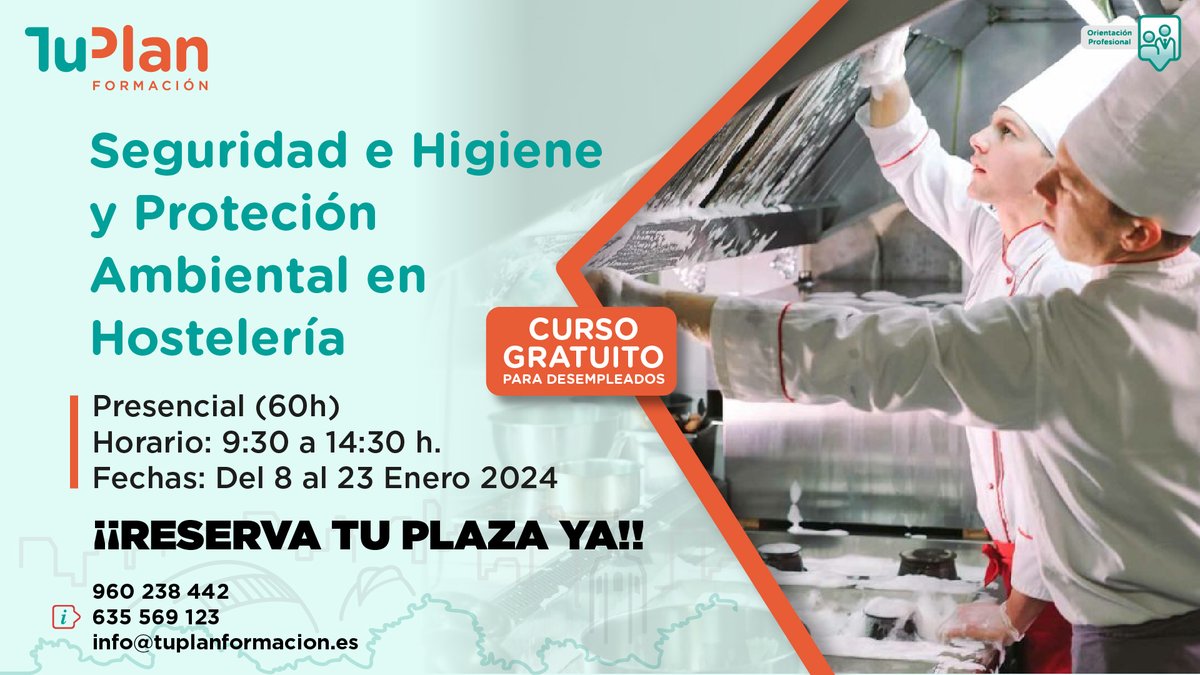 tuplanformacion's tweet photo. Nuevo #curso #GRATUITO para #DESEMPLEADOS.
SEGURIDAD E HIGIENE Y PROTECCIÓN AMBIENTAL EN #HOSTELERÍA
Un curso PRESENCIAL de 60 HORAS en horario de MAÑANAS, de 9:30 a 14:30 h., del 8 al 23 de Enero. https://t.co/U5vNtCdCAT