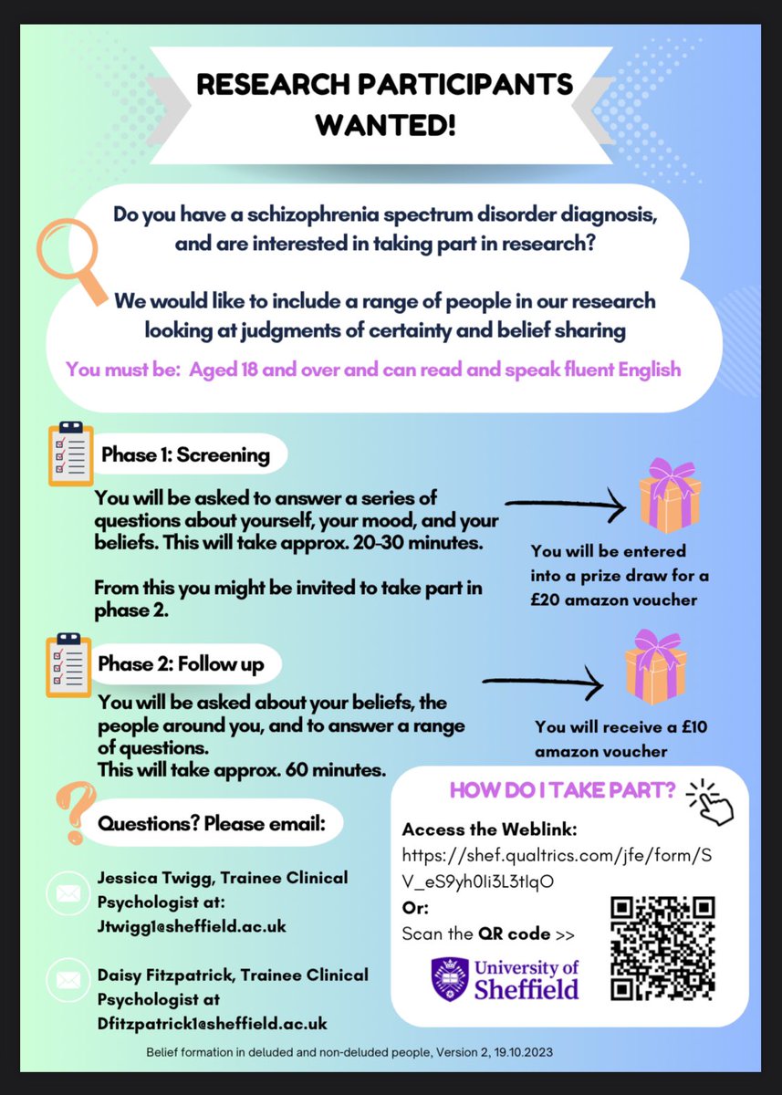 ⭐️ UK 🇬🇧Participants required for study on beliefs ⭐️ 

As part of our doctoral research we are trying to understand more about the beliefs people have. 

If you wish to take part, please scan the QR code or access the link: shef.qualtrics.com/jfe/form/SV_eS…

#Research #mentalhealth