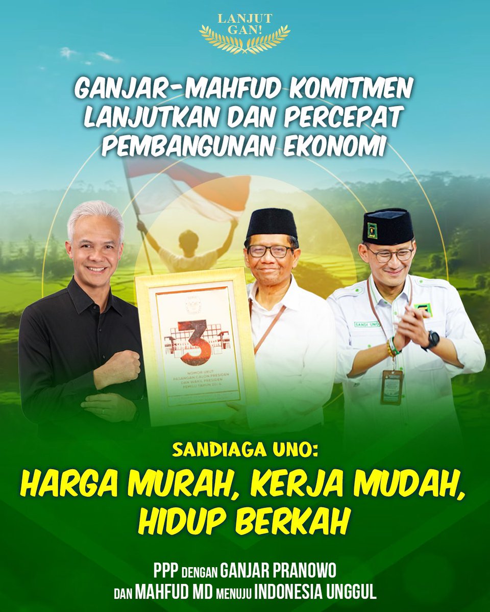 Lanjut-Gan!🇮🇩

Demi wong cilik, PPP bersama Ganjar-Mahfud siap sat-set dan tas-tes wujudkan harga murah, kerja mudah dan hidup berkah!

Dengan komitmen teguh pada perjuangan dan politik amar makruf nahi mungkar, kami siap ALL OUT ciptakan Indonesia unggul yang baldatun