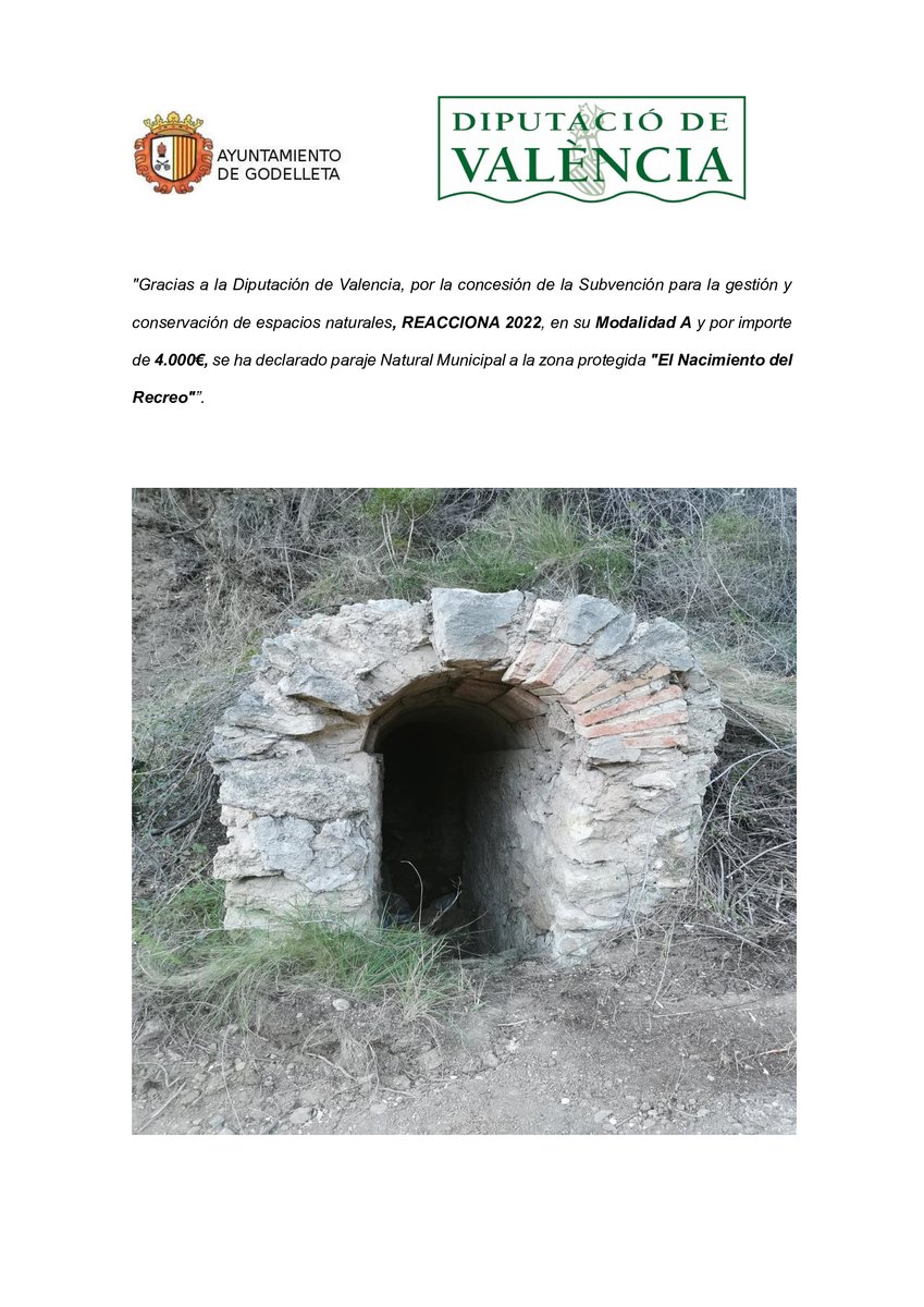 Ayto. Godelleta (@aytogodelleta) on Twitter photo Gracias a <a href="/dipvalencia/">Diputació de València</a> por la concesión de la Subvención para la gestión y conservación de espacios naturales, REACCIONA 2022, en su Modalidad A por importe de 4.000€, se ha declarado paraje Natural Municipal a la zona protegida "El Nacimiento del Recreo" Gracias a <a href="/dipvalencia/">Diputació de València</a> por la concesión de la Subvención para la gestión y conservación de espacios naturales, REACCIONA 2022, en su Modalidad A por importe de 4.000€, se ha declarado paraje Natural Municipal a la zona protegida "El Nacimiento del Recreo"