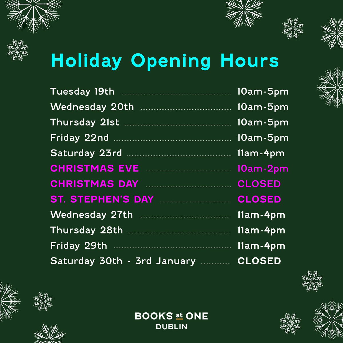 Our holiday opening hours for the coming weeks 🎄 Do pop in if you’re in the area! 🎁📚 • • • #booksatonedublin #theliberties #stpatrickscathedral #dublinartscouncil #shoplocal #buyirish #booksatonefamily #dublinbookshop