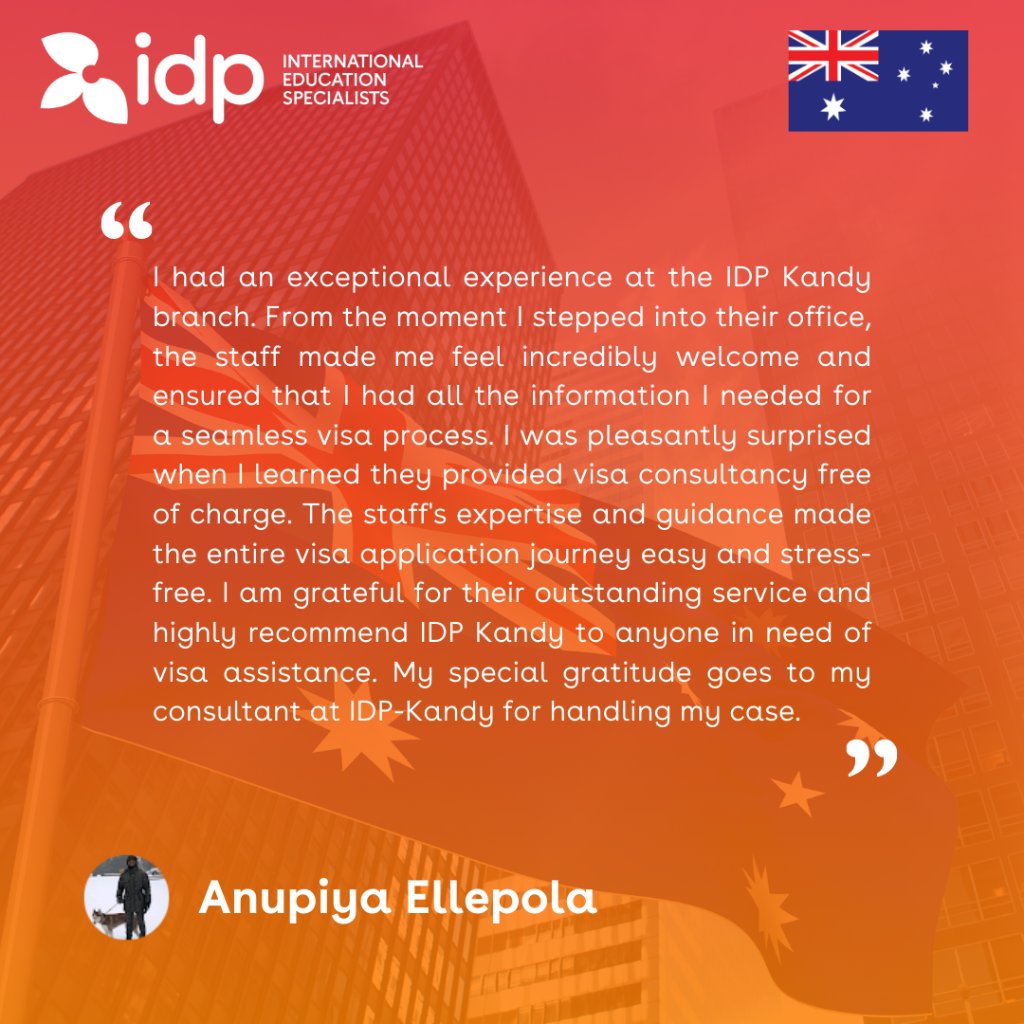 Thank you Anupiya Ellepola !

We wish all the best for your future!

Register with us now: srkr.io/6183BX3

#IDP #IDPSL #IDPEducation #Ourpeople #OurPride #StudyAbroad #IDPStudyAbroad #MoreThanStudy #InternationalStudents #StudyRecommendations #Educational