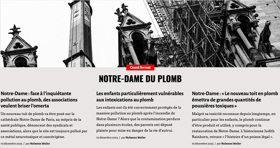 Dans 1 an, Notre-Dame de Paris doit ouvrir à nouveau au public. A quel prix pour la santé publique ? Derrière le plan com', il y a l'inquiétante pollution au plomb ignorée, voire cachée, par les pouvoirs publics. Une enquête édifiante signée @bastamedia_ basta.media/Notre-Dame-fac…