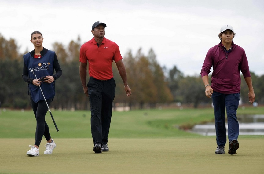 Tiger Woods partnering son Charlie with daughter Sam caddying for her Dad. #PNCChampionship