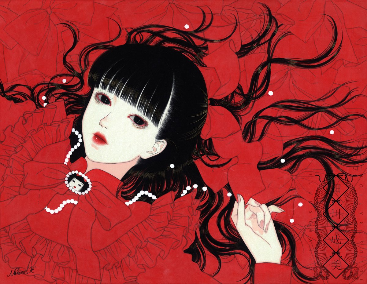 1girl red theme solo black hair bow bangs frills  illustration images