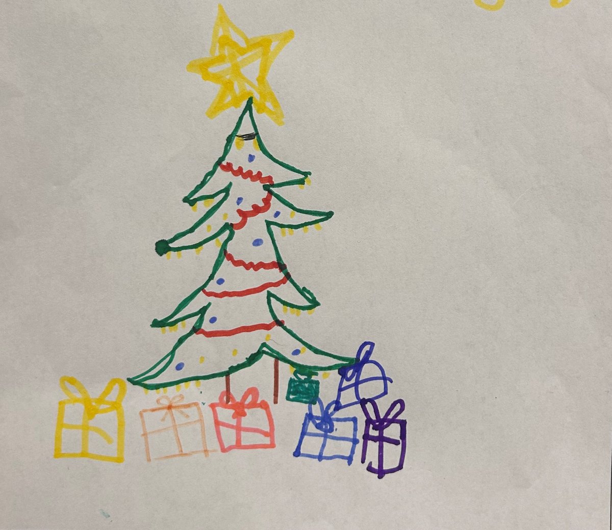 A Christmas tree with gifts ready for opening, what a lovely drawing entered into the Christmas art competition. See all of the pictures in our hospital Chapels during December 2023. 🎄🎁🎄🌟🎄 #Chaplaincy @SATHWMpaeds