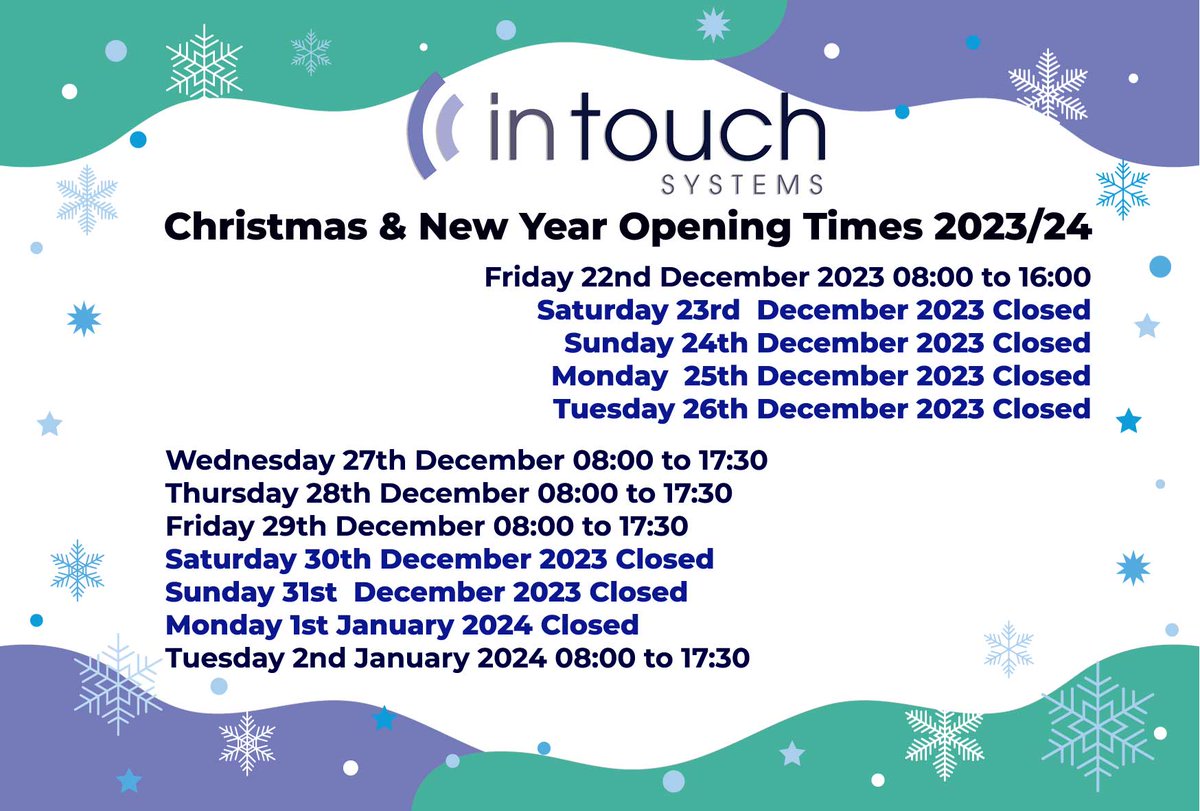InTouch Systems (@intouchsystems) on Twitter photo Please see our Christmas & New Year opening hours.
Please note all our wireless and wired networks are monitored 24/7 .
However should you experience any issues please email: support@intouchsystems.co.uk.
Please note our Service Desk Team cannot respond via social media. Please see our Christmas & New Year opening hours.
Please note all our wireless and wired networks are monitored 24/7 .
However should you experience any issues please email: support@intouchsystems.co.uk.
Please note our Service Desk Team cannot respond via social media.
