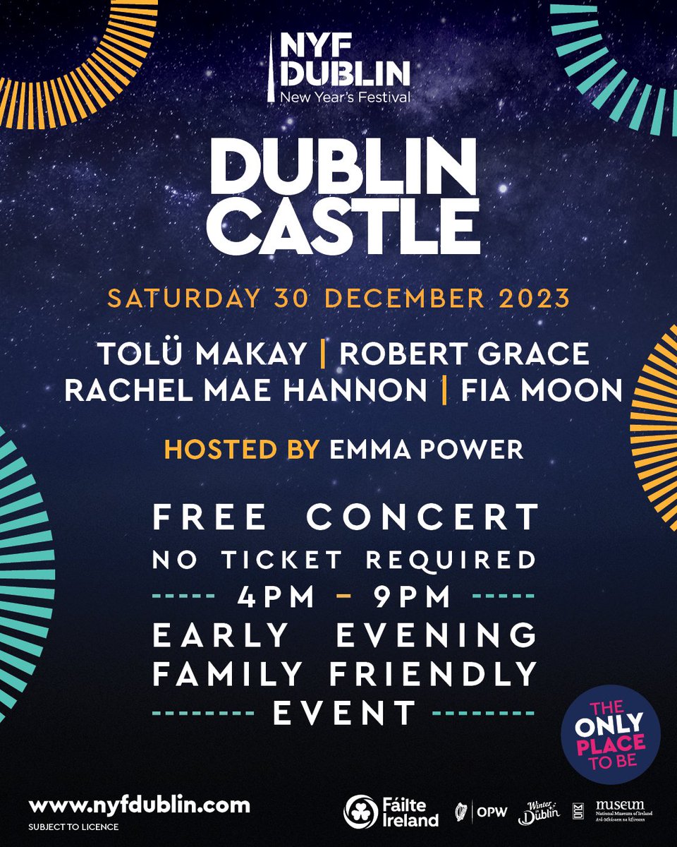 ⭐️ Additional free, family-friendly event just added at Dublin Castle on 30th December! Featuring @ToluMakay @Robert_Grace @FiaMoonMusic @RachelMaeHannon, there's something for everyone this year at #NYFDublin ✨