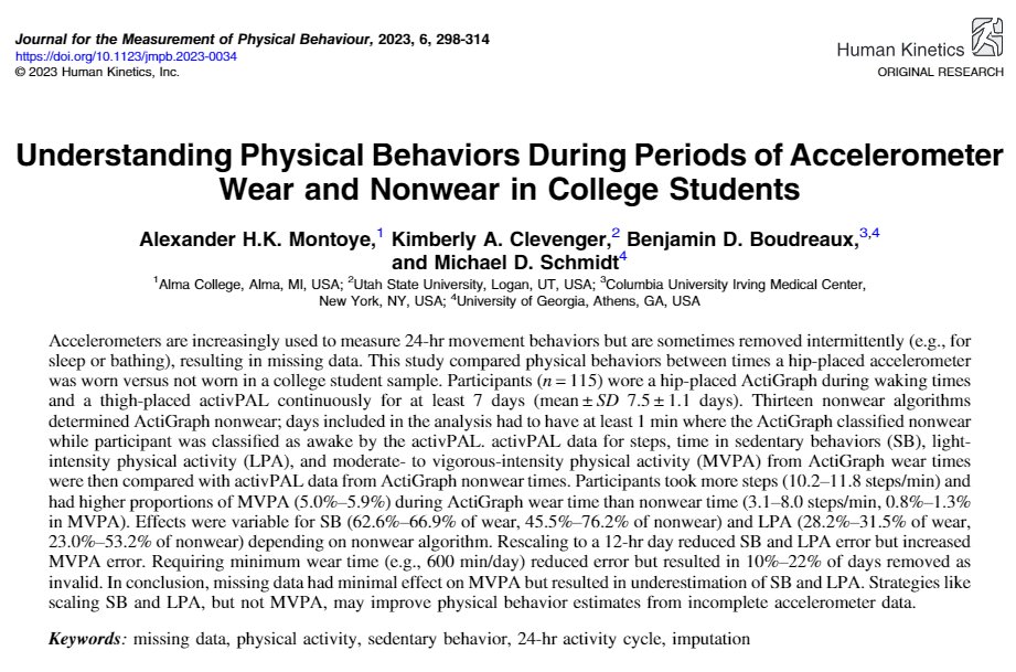 Check out research from <a href="/JMPBjournal/">Journal for the Measurement of Physical Behaviour</a>! Understanding Physical Behaviors During Periods of Accelerometer Wear and Nonwear in College Students doi.org/10.1123/jmpb.2…! #exercisescience #exerciseresearch