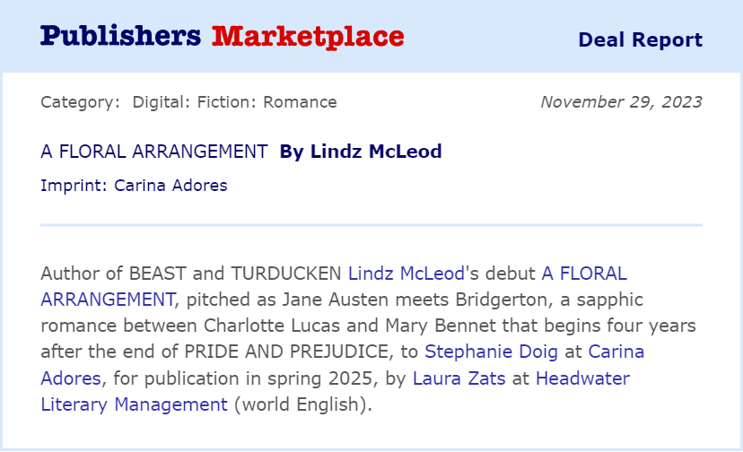 I am UNBELIEVABLY EXCITED to announce my first trad pub deal!! I've always wanted to give Charlotte Lucas a second chance at life and love. Flowers and queerness and learning to forge your own path in life, oh my! Also, I killed Mr Collins off in the first line. Heh.