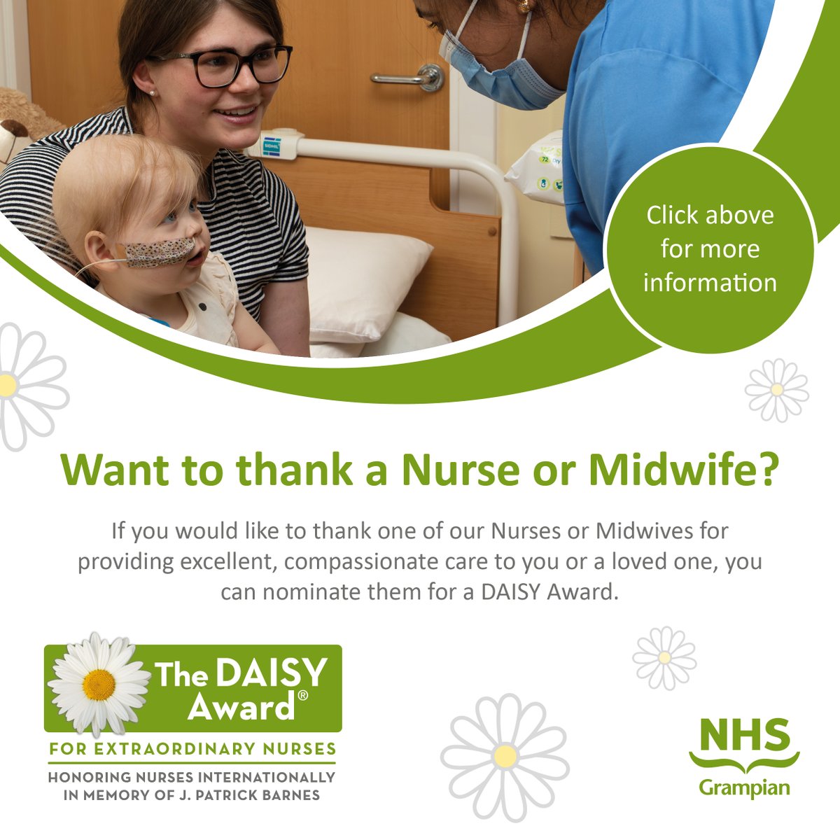 If you or a loved one received excellent care from a nurse or midwife and would like to thank them, you can nominate them for a #DAISYAward. nhsgrampian.org/DAISY #DAISYNurses #DAISYMidwives #ProudToBeNHSG