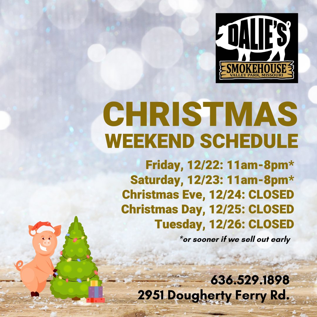 Can you believe it? Christmas is ONE WEEK from today! Please note our Christmas weekend hours. 🎄🎁🎅 Our crew looks forward to seeing you, your family, and friends this week! 🙌 #christmas #food #pork #smokedmeats #sandwiches #stleats #eatlocal #valleypark #kirkwood #stlouis