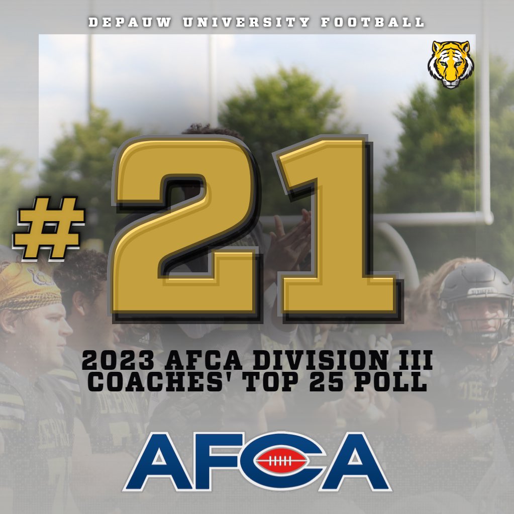 The final @WeAreAFCA coaches poll is out & the @DePauwTigersFB team finished the 2023 season 21st. The Tigers had a season of highlights: 🏈The 1st 2OT Monon Bell game win. 🏈Finished 10-1 for the season a new program record. 🏈And secured its 3rd straight @NCAC championship!