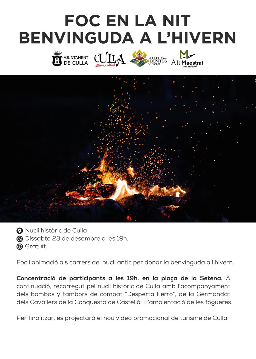 Culla donarà la benvinguda l'#hivern, proper dissabte 23 de desembre, amb foc i animació pels carrers del seu nucli històric. Esta activitat comptarà amb la col·laboració de Tambors i Bombos de Combat "Desperta, Ferro".