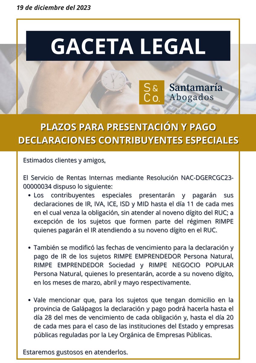 sycoabogados's tweet image. Plazos para presentación y pago de declaraciones para Contribuyentes Especiales.
#sri #sycoinforma #declaracionesimpuestos

@NapoleonSantama