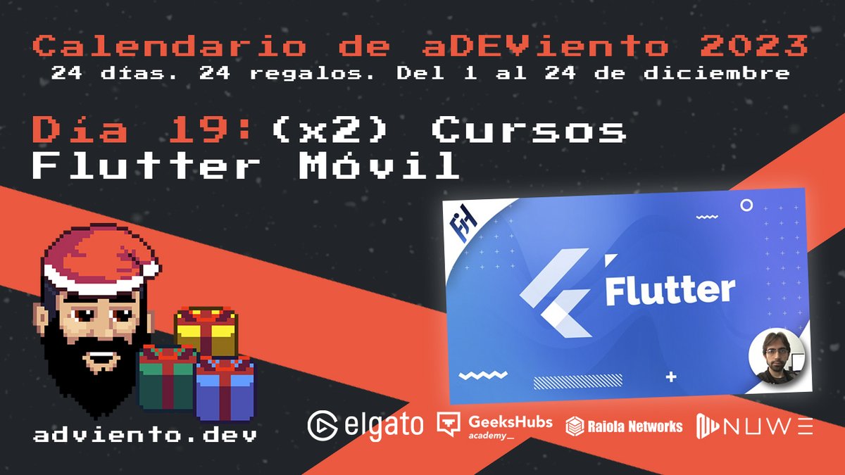Brais Moure (@mouredev) on Twitter photo 🎁 Comienza el día 19 del #aDEViento2023!
24 días. 24 regalos para aprender programación.
(x2) Curso de Flutter Móvil: de cero a experto de <a href="/Fernando_Her85/">Fernando Herrera</a>.
🔁 Sígueme y comparte para participar
🌐 Válido para todo el mundo
Toda la info en adviento.dev 🎁 Comienza el día 19 del #aDEViento2023!
24 días. 24 regalos para aprender programación.
(x2) Curso de Flutter Móvil: de cero a experto de <a href="/Fernando_Her85/">Fernando Herrera</a>.
🔁 Sígueme y comparte para participar
🌐 Válido para todo el mundo
Toda la info en adviento.dev