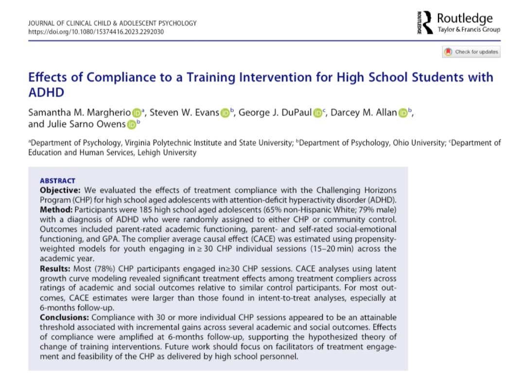 I learned PSM to show that 78% of teens w/ ADHD attended &gt;30 treatment sessions when sessions are 15-20 min and in school, which led to benefits at 6 mo f/up!