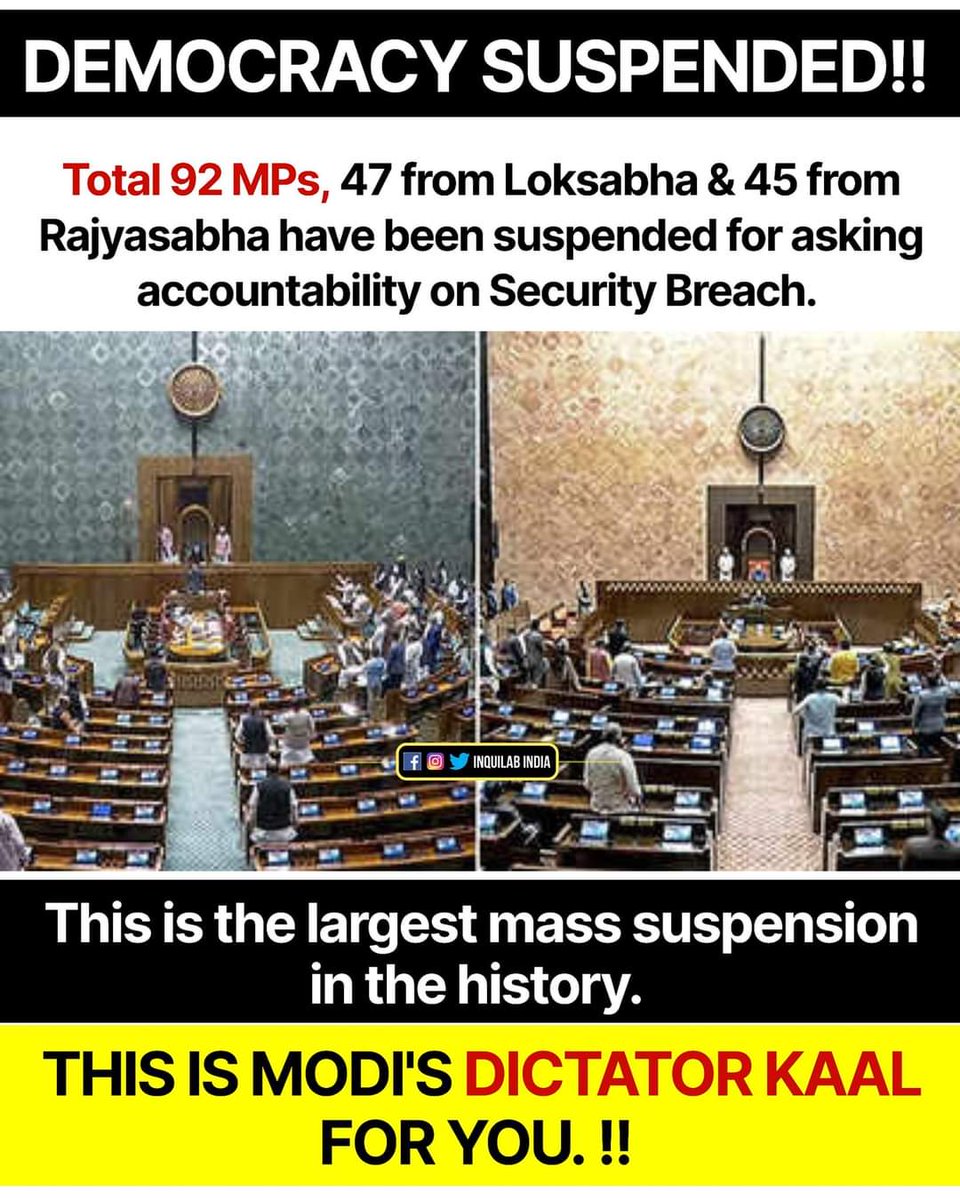 Democracy Suspended 🤐
#modisdictatorship
#92MPs 
#SuspendedMps