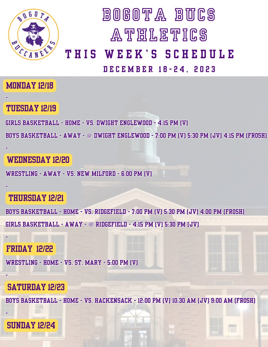 Bogota Bucs (@bogotaathletics) on Twitter photo Here is a look at this week's schedule of athletic events, best of luck to all of our student-athletes and coaches! Go Bucs! <a href="/BogotaPublic/">Bogota Public Schools</a> <a href="/BogotaHigh/">Bogota Jr./Sr. High School</a> <a href="/bogotablognj/">Bogota Blog NJ</a> Here is a look at this week's schedule of athletic events, best of luck to all of our student-athletes and coaches! Go Bucs! <a href="/BogotaPublic/">Bogota Public Schools</a> <a href="/BogotaHigh/">Bogota Jr./Sr. High School</a> <a href="/bogotablognj/">Bogota Blog NJ</a>
