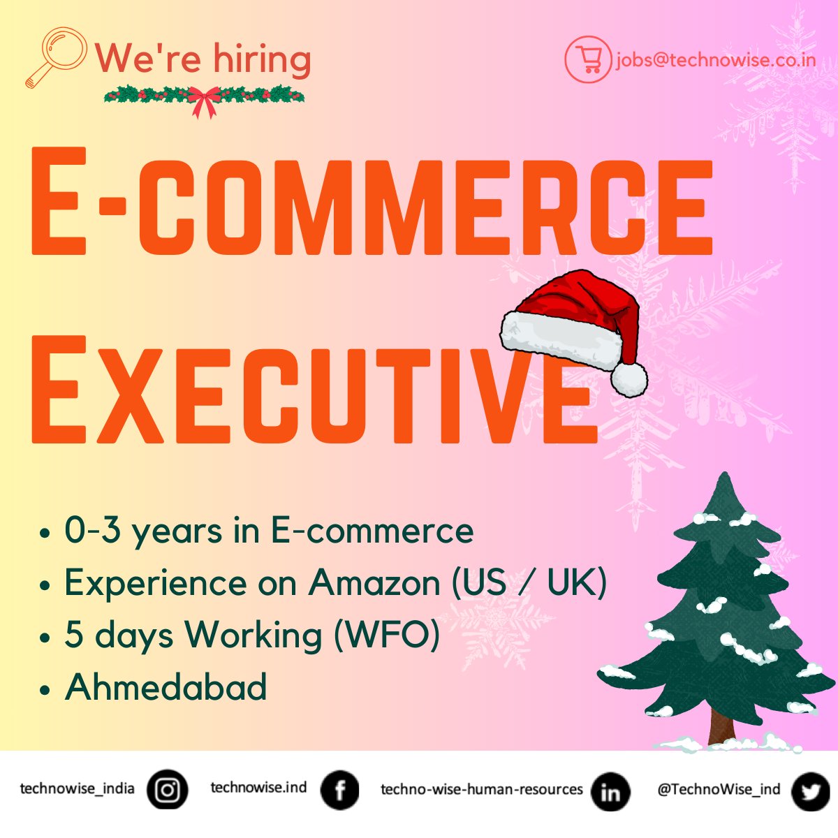 🎅🏼 𝗛𝗼 𝗛𝗼 𝗛𝗼... we're hiring 𝐄-𝐂𝐨𝐦𝐦𝐞𝐫𝐜𝐞 𝐄𝐱𝐞𝐜𝐮𝐭𝐢𝐯𝐞𝐬 

#ECommerce #MSExcel #AmazonSellerCentral #JobOpening #ECommerceJobs #ProductListing #Hirirngnow #Ahmedabad #Jobs

Follow: #TechnoWise_India