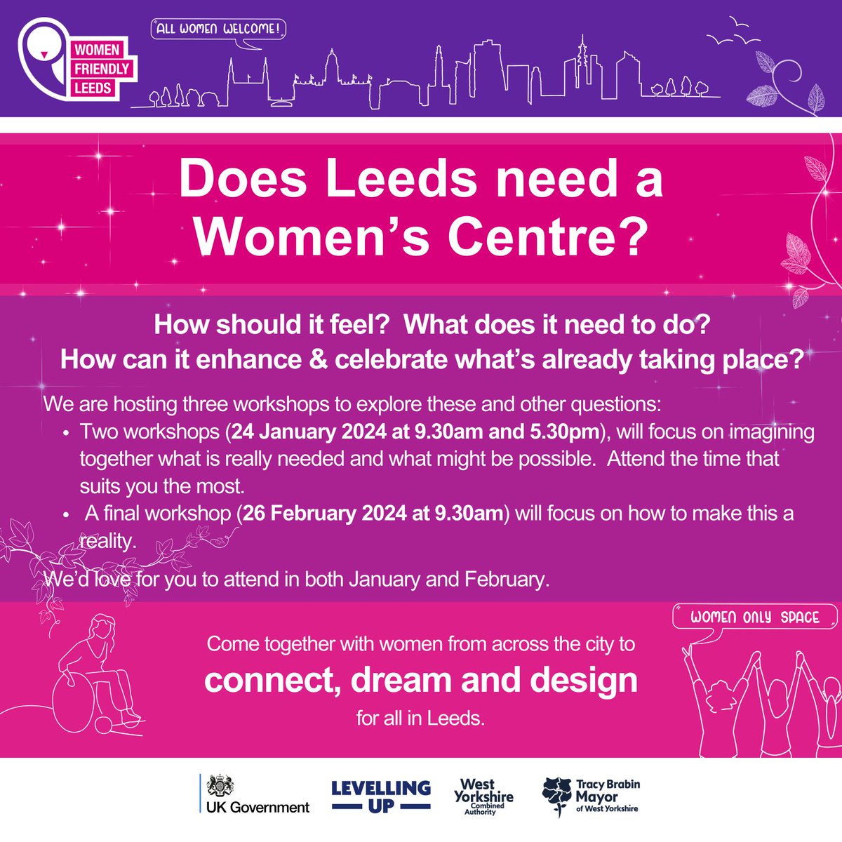 Does Leeds need a Women's Centre?

We'd like to invite you to share your views on what a Women's Centre in Leeds could look like.

Join us for our workshops on 24th January to have your say! Sign up or find out more at the eventbrite links in the thread below: