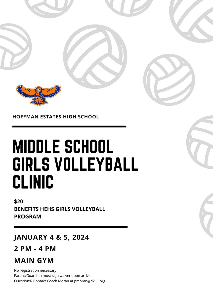 HEHSGirls_Vball's tweet image. We are excited to announce that we are hosting our annual Middle School Clinic again! All of the details are on the flyer. If you have any questions,please contact Coach Moran.