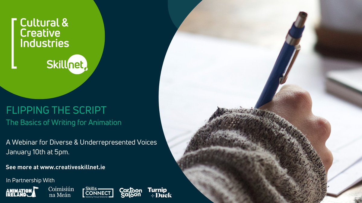 Great initiative from @CreateSkillnet @animationirel @CNaM_ie @CartoonSaloon and @TurnipandDuck 'Flipping the Script', a webinar on the basics of writing for animation aimed at diverse and underrepresented voices.  More info here: tinyurl.com/7kacs2zf