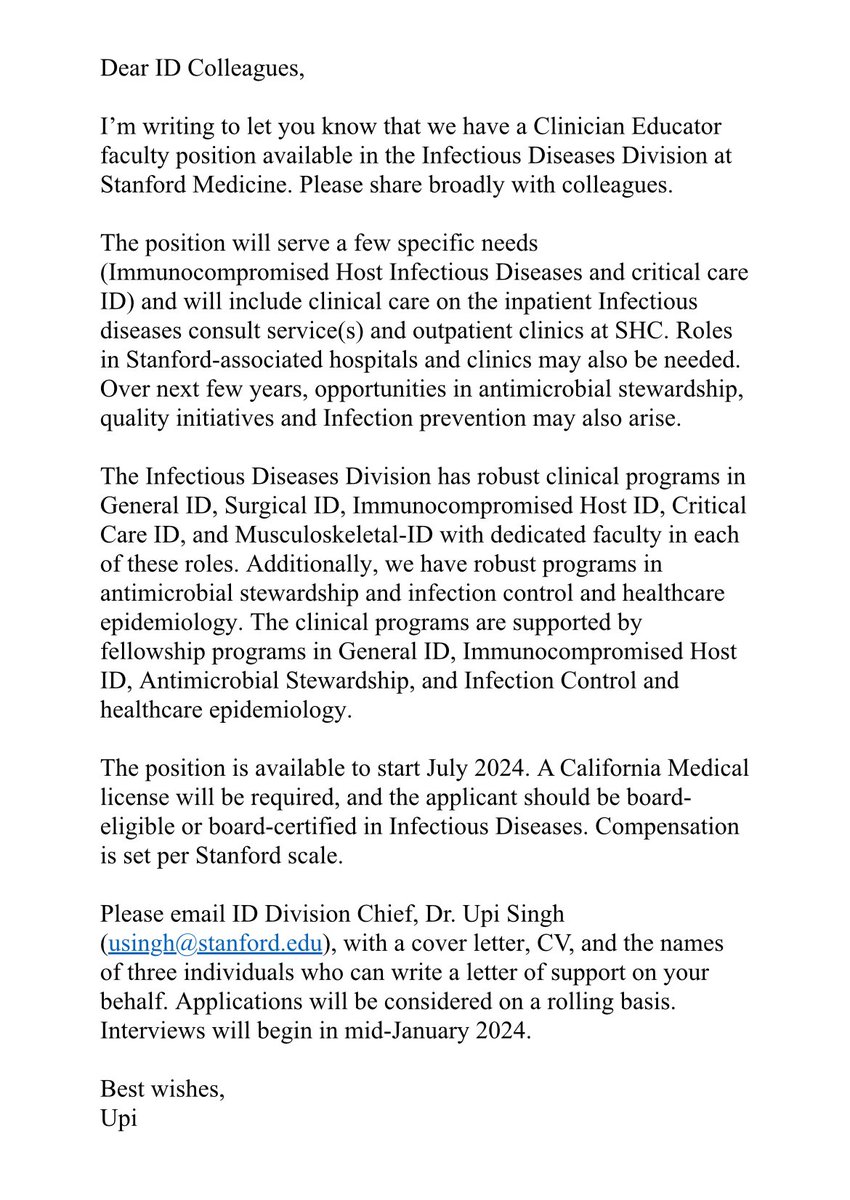 🚨CLINICAL FACULTY POSITION🚨 Looking for a clinical faculty position within a large, warm, & well-supported ID division at one of the nation’s top hospitals? Stanford ID is seeking a new Clinician-Educator (CE) faculty member to start July 2024! See below for details.