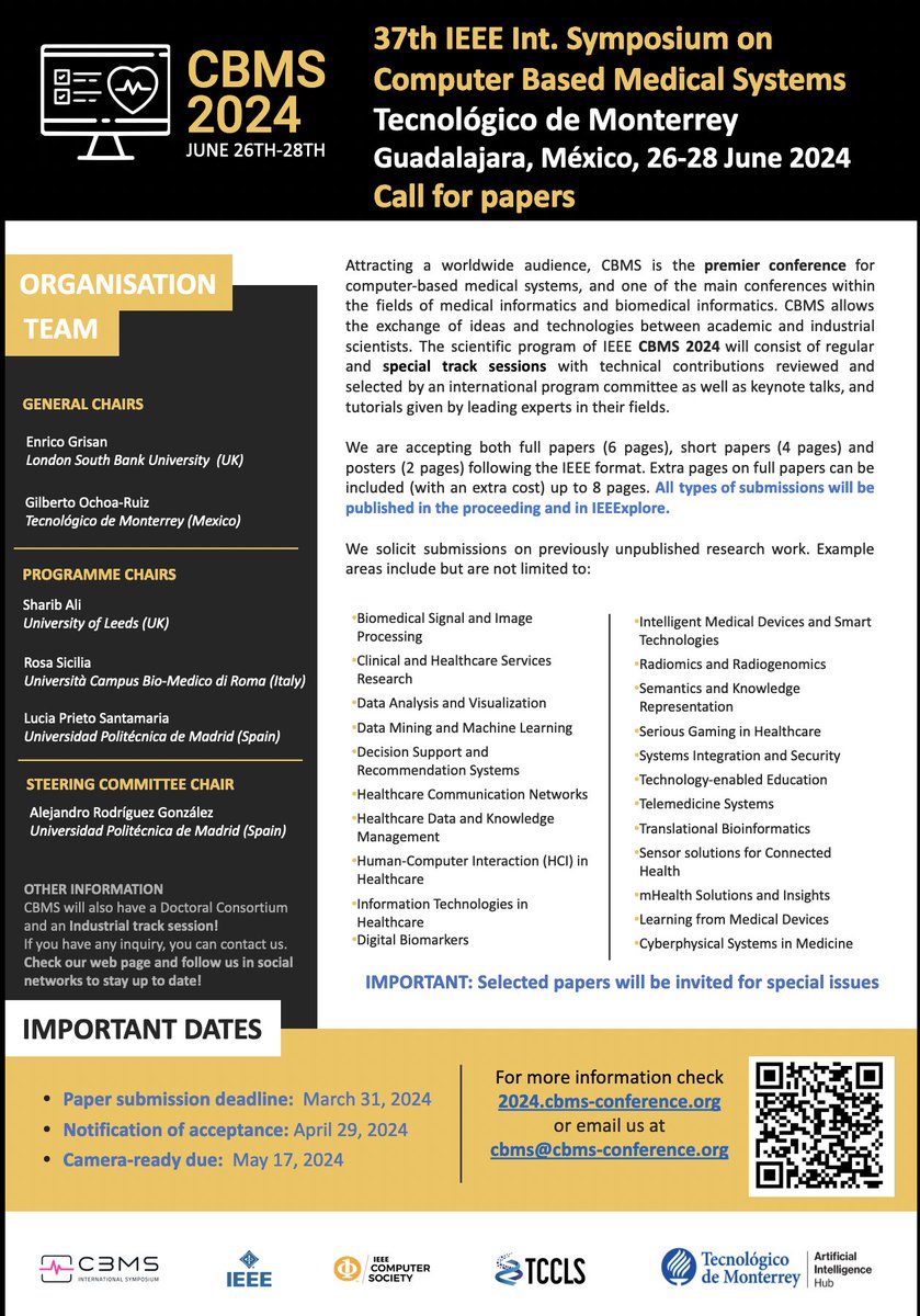 IEEE Computer-Based Medical Systems (@cbms_conference) on Twitter photo 37th IEEE International Symposium on Computer-Based Medical Systems <a href="/cbms_conference/">IEEE Computer-Based Medical Systems</a> 2024 will take place in Guadalajara, Mexico (26th to 28th June).
Paper submission deadline: 31-03-2024
Wide range of works in #healthcare #research can be submitted! 37th IEEE International Symposium on Computer-Based Medical Systems <a href="/cbms_conference/">IEEE Computer-Based Medical Systems</a> 2024 will take place in Guadalajara, Mexico (26th to 28th June).
Paper submission deadline: 31-03-2024
Wide range of works in #healthcare #research can be submitted!