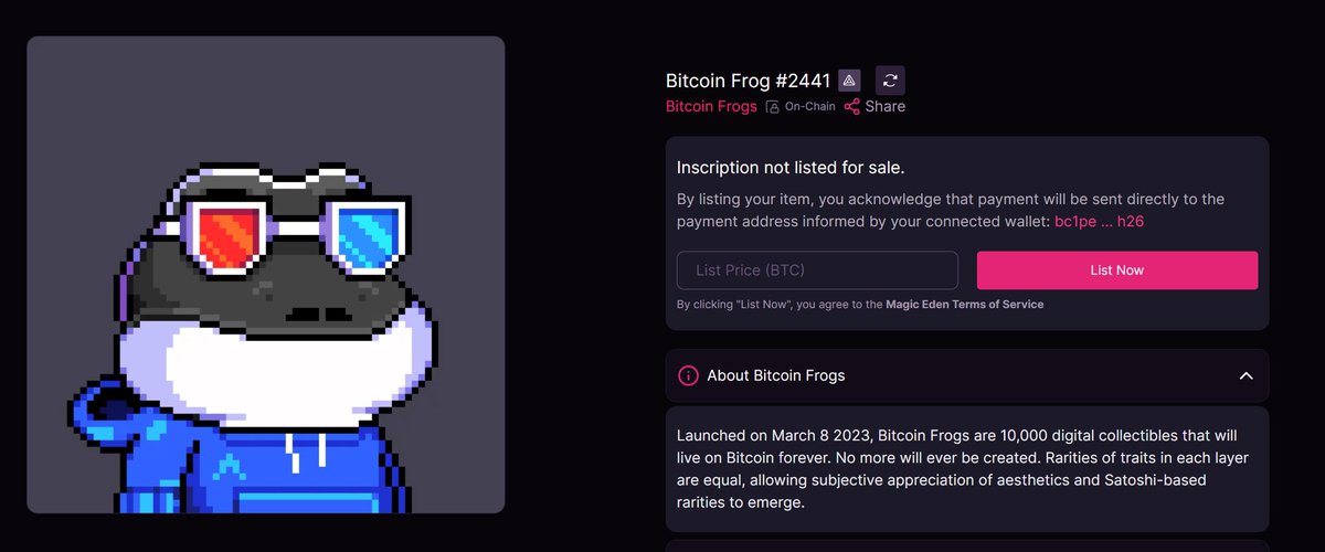 JulianKin (@web3julian) on Twitter photo #ribbit I have own my <a href="/BitcoinFrogs/">Bitcoin Frogs</a> and just changed my avatar!
When the floor price of <a href="/BitcoinFrogs/">Bitcoin Frogs</a> = BoredApeYachtClub's ATH
1🐸=8₿
Holders may also receive airdrops from the <a href="/BitcoinFrogs/">Bitcoin Frogs</a> community and BTC ecosystem.
#Bitcoin📷 #Frog #NFT #BRC20 #ribbit I have own my <a href="/BitcoinFrogs/">Bitcoin Frogs</a> and just changed my avatar!
When the floor price of <a href="/BitcoinFrogs/">Bitcoin Frogs</a> = BoredApeYachtClub's ATH
1🐸=8₿
Holders may also receive airdrops from the <a href="/BitcoinFrogs/">Bitcoin Frogs</a> community and BTC ecosystem.
#Bitcoin📷 #Frog #NFT #BRC20