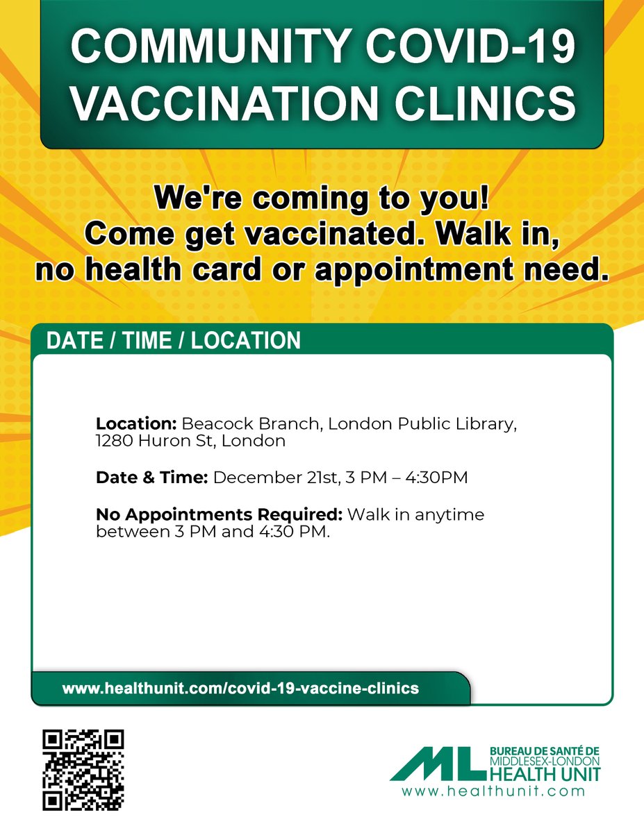 The @MLHealthUnit is hosting a pop-up COVID-19 vaccination clinic. 📍Beacock Branch, London Public Library 🗓️ Dec 21, 3-4:30 PM No appointments needed! Walk in & get vaccinated. For detailed info, visit: bit.ly/3GiySH5 Spread the word! 💙 #COVID19Vaccine #LdnOn #OHT