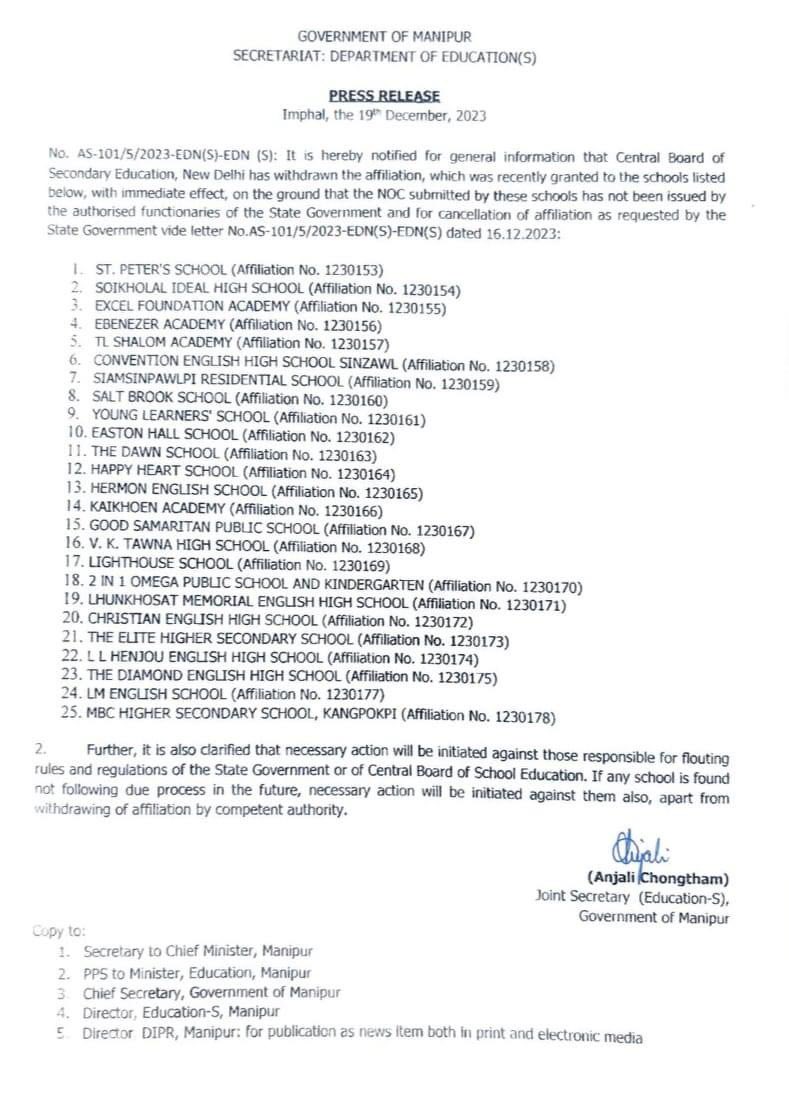 🚨🎙️| CBSE withdraws affiliation with 25 schools from Churachandpur and Kangpokpi with immediate effect on the grounds that #Kuki bureaucrats have FORGED signature and misued their power to get the affiliation

The State Govt. of Manipur has further clarified that necessary