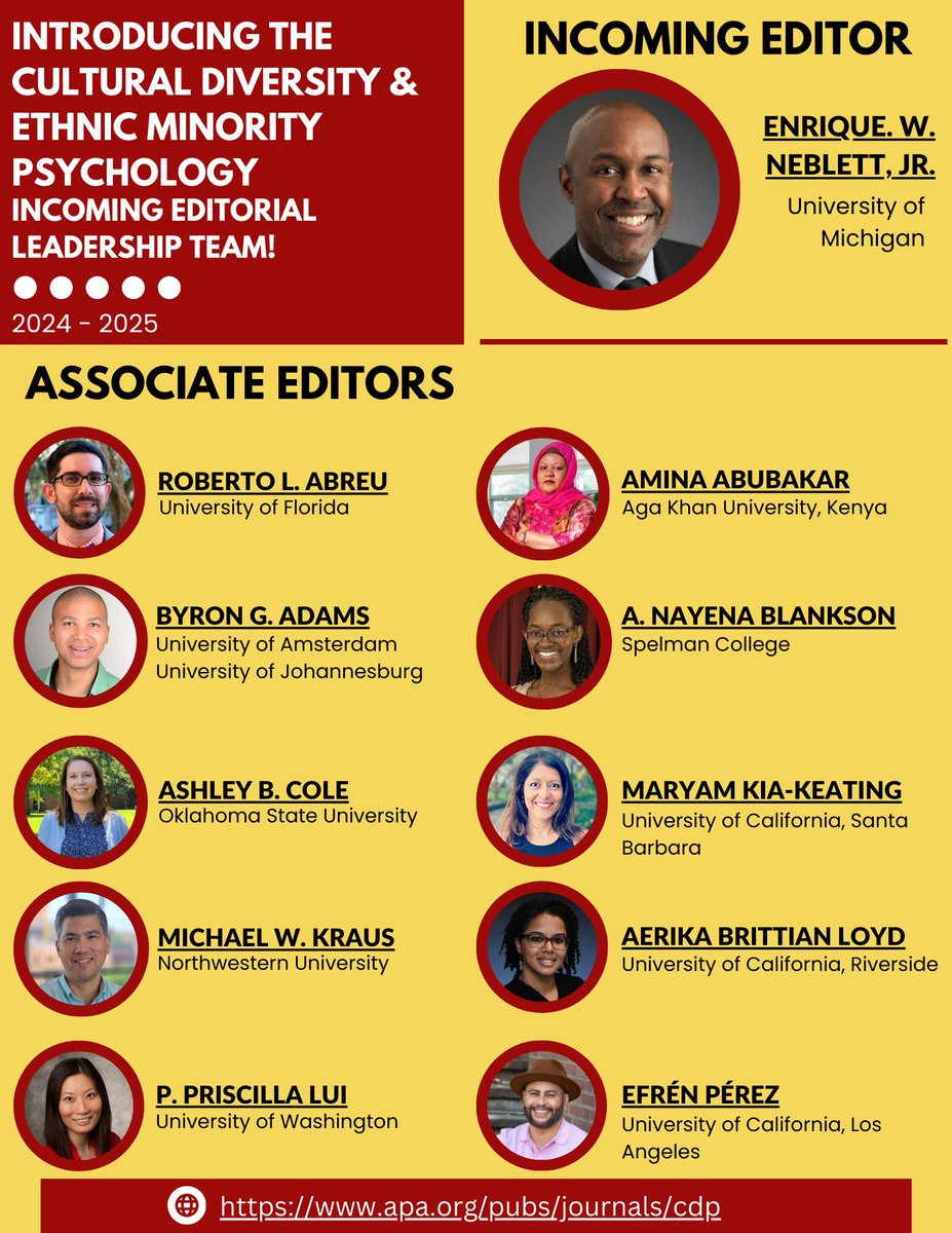 Enrique Neblett Jr. (@drneblett) on Twitter photo (THREAD): I'm THRILLED to introduce the Incoming Editorial Leadership Team (effective January 1) for Cultural Diversity & Ethnic Minority Psychology, the <a href="/apadiv45/">APA Division 45</a> publication dedicated to the psychological science of culture, ethnicity, and race. #CDEMP📸Credit: <a href="/KoyaFerrell/">Koya Ferrell</a> (THREAD): I'm THRILLED to introduce the Incoming Editorial Leadership Team (effective January 1) for Cultural Diversity & Ethnic Minority Psychology, the <a href="/apadiv45/">APA Division 45</a> publication dedicated to the psychological science of culture, ethnicity, and race. #CDEMP📸Credit: <a href="/KoyaFerrell/">Koya Ferrell</a>