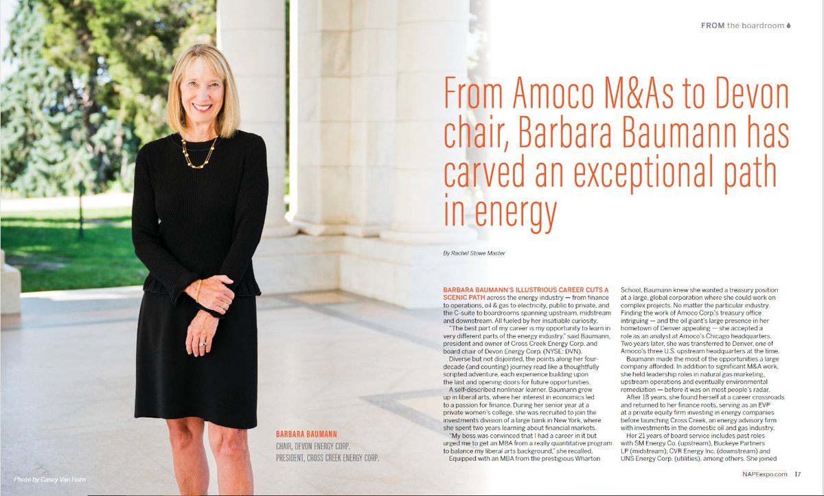 Need a morning read? The NAPE Magazine has you covered — check out our exclusive profile with Barbara Baumann, Chair at @DevonEnergy Corp bit.ly/3Q5Qw5u. With over 40 years of experience, Barbara is a true industry giant and pioneer — especially by blazing a trail for…