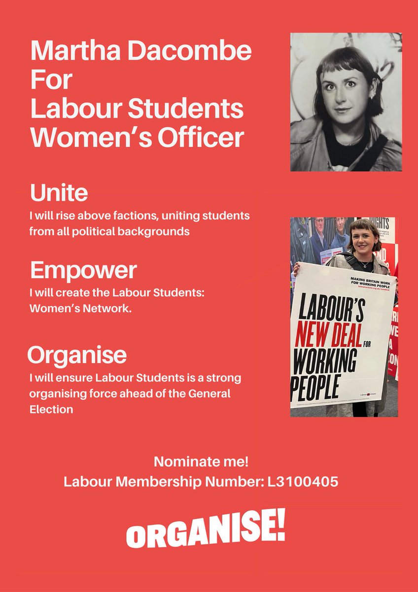 I am standing for Women's Officer of Labour Students! 

I want to unite, empower and organise women in the Labour Party! Join me! 

Nominate me: L3100405