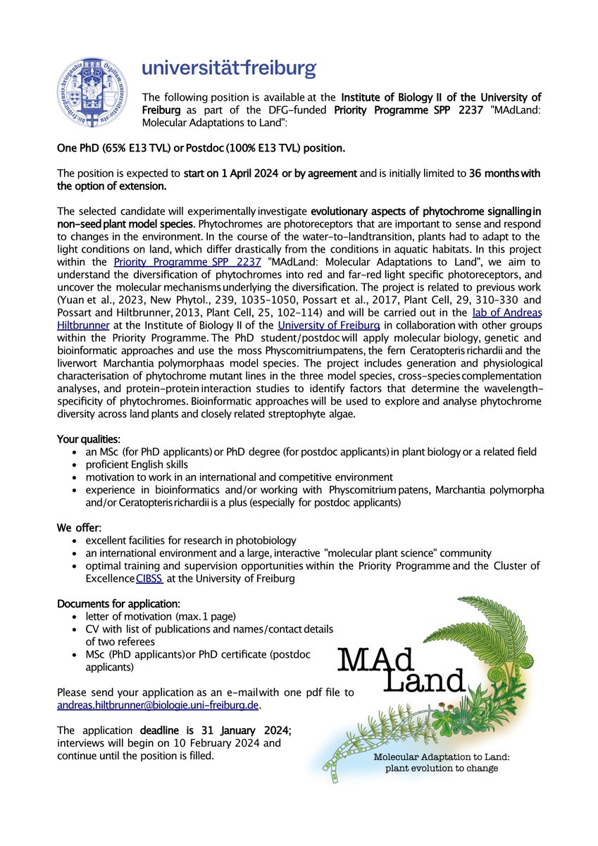 🌱Job opportunity 🌱 Open PhD or postdoc position (m/f/d) in Molecular Plant Physiology @UniFreiburg, in Andreas Hiltbrunner's Group more info: plantphotobiology.org/positions.php