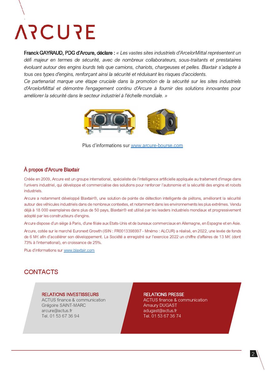 Arcure Blaxtair (@blaxtair) on Twitter photo Le groupe <a href="/Blaxtair/">Arcure Blaxtair</a> Arcure annonce un partenariat international avec <a href="/ArcelorMittalF/">ArcelorMittal France</a> pour renforcer la sécurité de leurs sites avec Blaxtair. Communiqué de Presse. Le groupe <a href="/Blaxtair/">Arcure Blaxtair</a> Arcure annonce un partenariat international avec <a href="/ArcelorMittalF/">ArcelorMittal France</a> pour renforcer la sécurité de leurs sites avec Blaxtair. Communiqué de Presse.