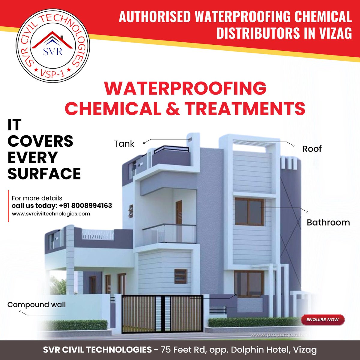 '🌊 Seeking Waterproofing Solutions in Vizag? Look no further! 

Contact us: +91 8008994163
📍 Location: SVR CIVIL TECHNOLOGIES, 75 Feet Rd, opp. Dolphin Hotel, Vizag

#WaterproofingSolutions #VizagServices #ChemicalDistribution #SurfaceProtection #HomeMaintenance 💧🏠