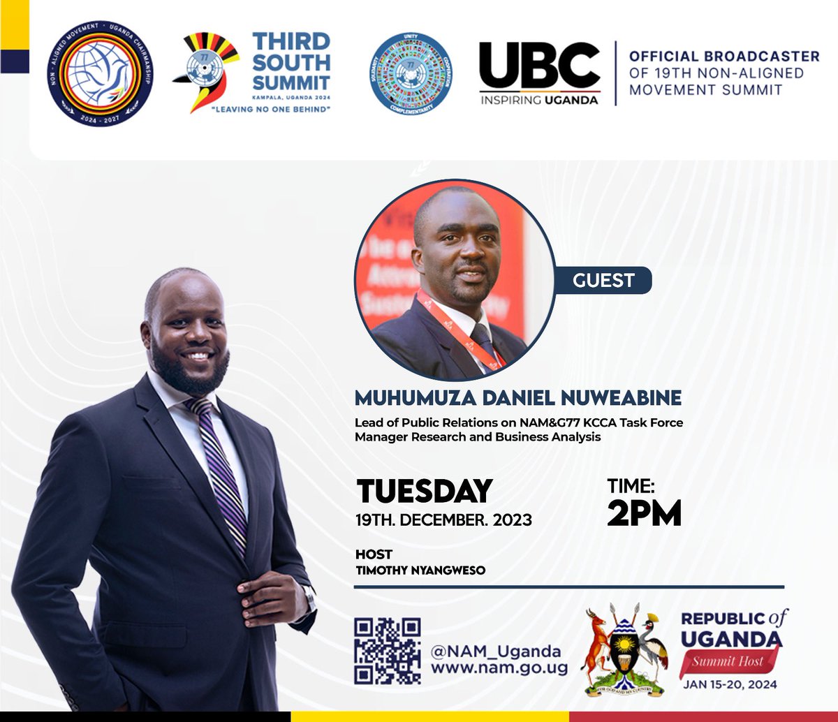 Our Lead Public Relations on the KCCA NAM/G77 task force @NuweDan will this afternoon 2pm (19 Dec) appear on @ubctvuganda. Tune in to this #KCCAonAir segment to follow the conversation on #NAMSummitUg2024 and KCCA’s preparedness. #ForABetterCity