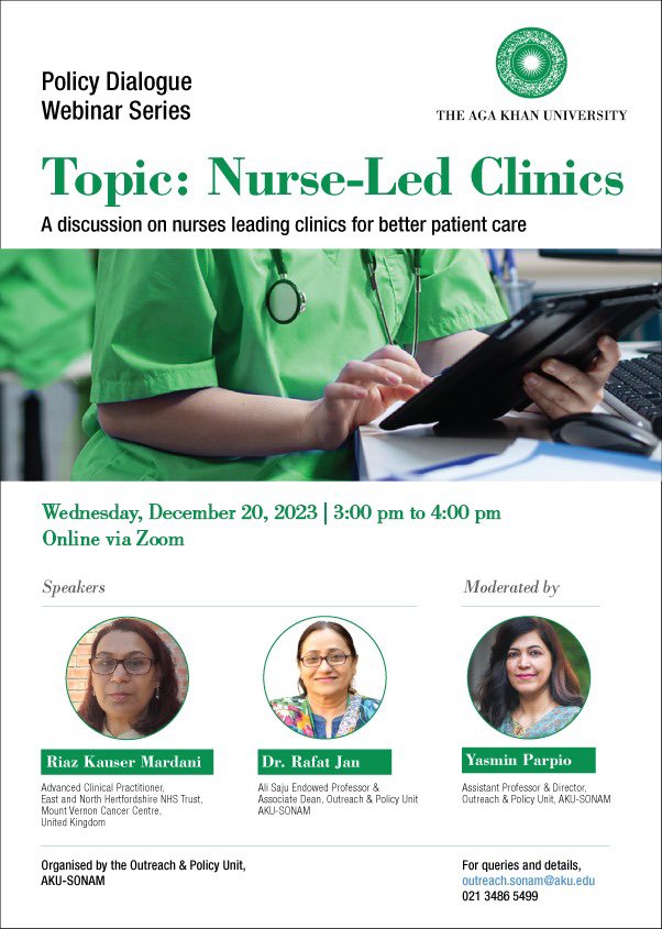 A deep dive into #NurseLedClinics - benefits, impact & potential challenges. Do join us online tomorrow at 3 pm (Pakistan time) with guest speaker @MardaniRiaz, advanced clinical practitioner at @MountVernon Cancer Centre, UK! Zoom link: aku-edu.zoom.us/j/97692148809 (Pswd: 398369)
