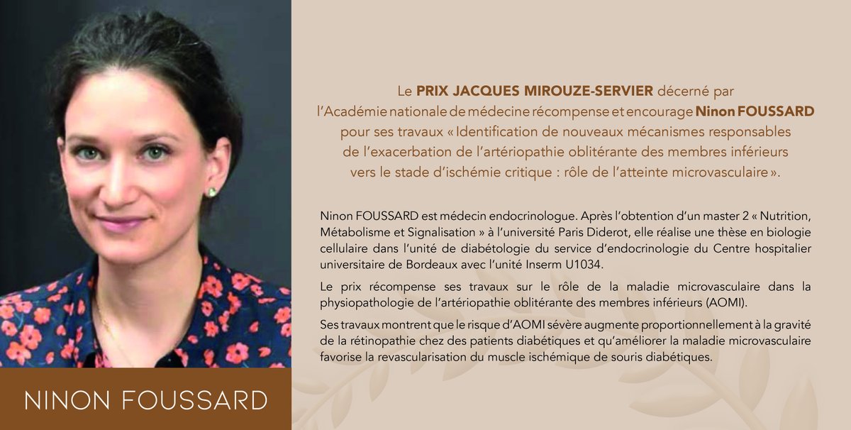 [LAURÉAT 2023]
Félicitations à <a href="/FoussardNinon/">Foussard Ninon</a>  lauréate du Prix Jacques MIROUZE-SERVIER de l'<a href="/acadmed/">Académie de médecine de France</a> pour ses travaux "Identification de nouveaux mécanismes responsables de l'exacerbation de l'#AOMI vers le stade d'ischémie critique"

#artériopathie