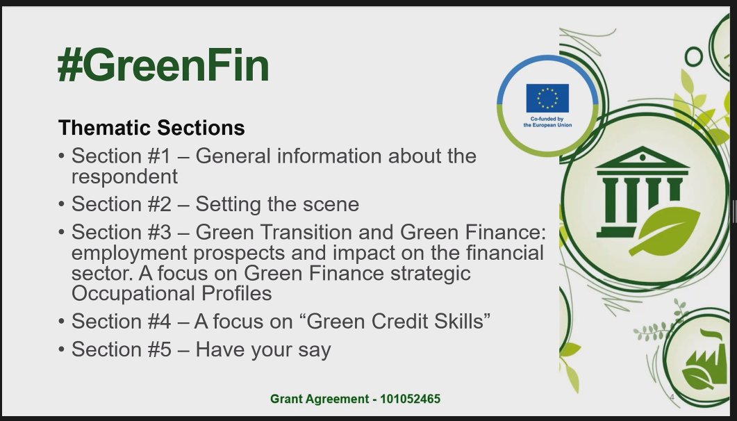 Now in the meeting of 🇪🇺 #GreenFin project @MargheRoi presenting the first results of the survey made to collect information and opinions of the role of the insurance/financial sector in the #ecologicaltransition.
