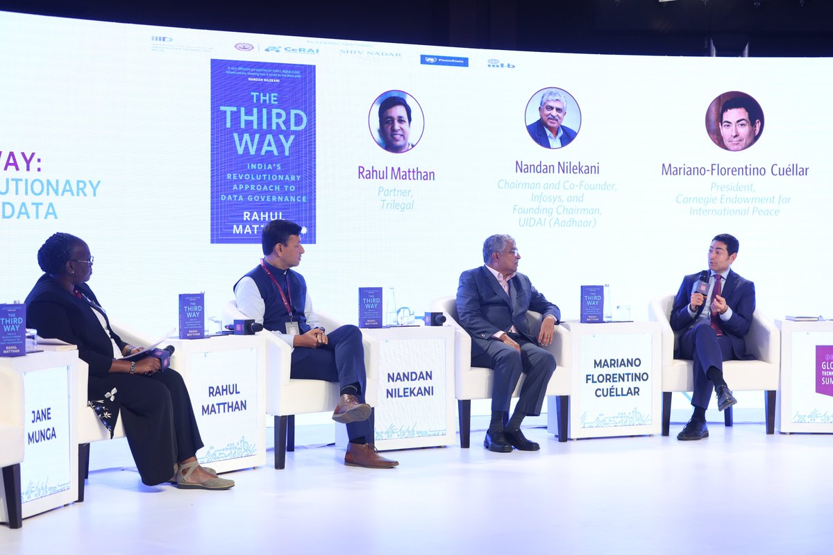 At #GlobalTechSummit 2023, @NandanNilekani, @jane_munga, @matthan, and Mariano-Florentino Cuéllar discussed The Third Way: India’s Revolutionary Approach to Data Governance. They discussed India's distinctive approach to #DPI, focusing on the 'third way' model that integrates